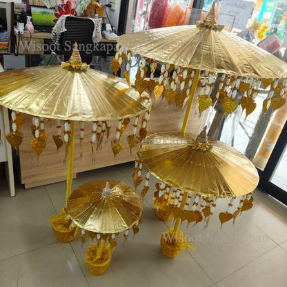 ร่มกฐิน ร่มกฐินสีทอง ต้นกฐิน ร่มกฐินเสียบแบงค์ พร้อมฐานตั้ง งานสวย ราคาชุดละ